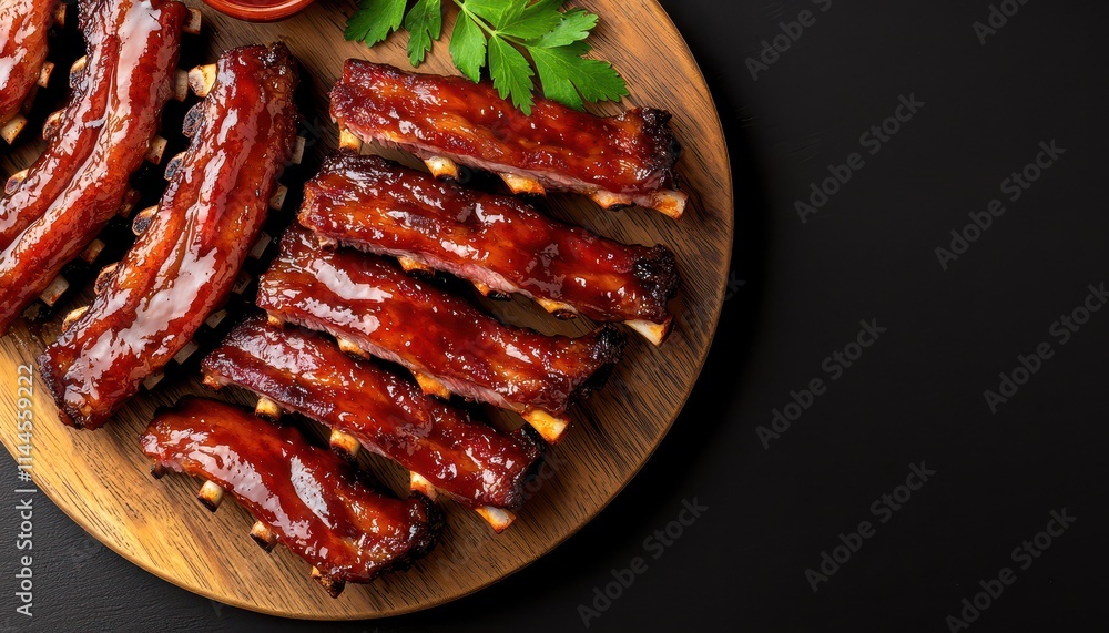 Succulent barbecue ribs glazed with sauce, garnished with herbs, served on a wooden platter with a side of dipping sauce. Succulent barbecue ribs glazed with sauce, garnished with herbs, served on a wooden platter with a side of dipping sauce.