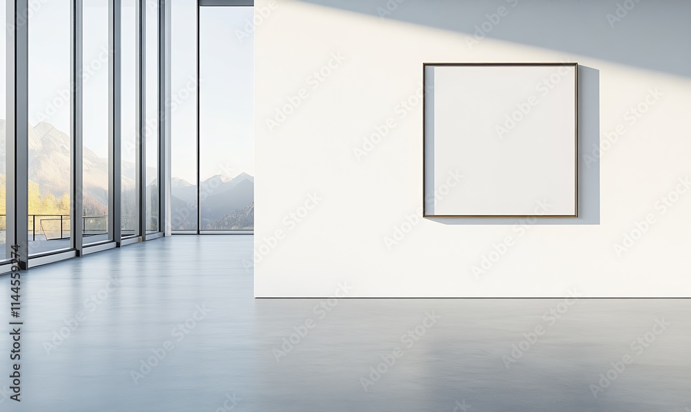Minimalist Interior with Large Canvas and Mountain View Through Expansive Glass Walls : Generative AI Minimalist Interior with Large Canvas and Mountain View Through Expansive Glass Walls : Generative AI
