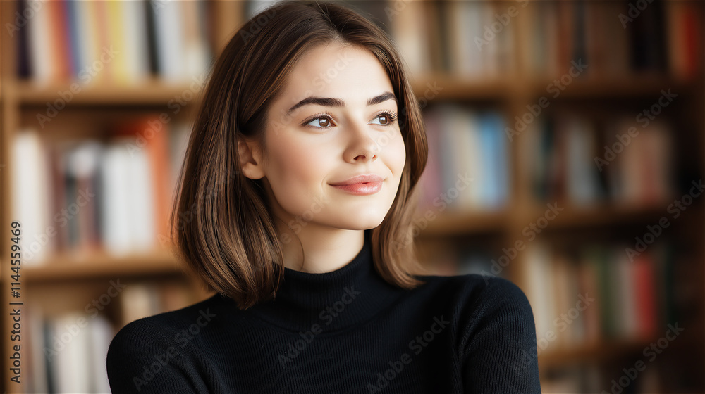 Portrait of a confident young woman with a subtle smile, seated in a library surrounded by books. The image symbolizes intelligence, focus, and quiet ambition. Portrait of a confident young woman with a subtle smile, seated in a library surrounded by books. The image symbolizes intelligence, focus, and quiet ambition.