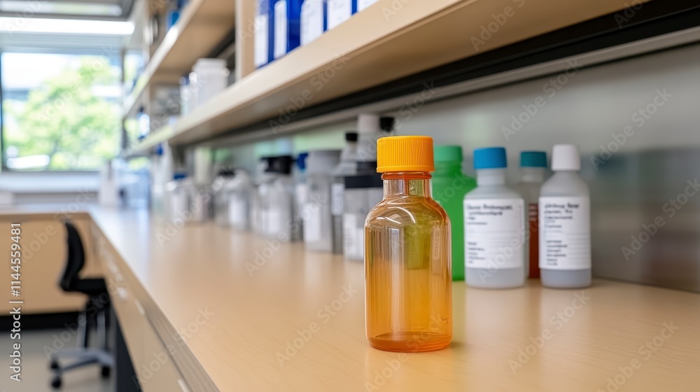 A clear view of a laboratory shelf with various bottles, including an orange liquid container, highlighting a clean and organized workspace. A clear view of a laboratory shelf with various bottles, including an orange liquid container, highlighting a clean and organized workspace.
