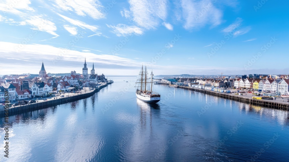 Naklejka premium Tall ship sailing into a picturesque harbor town on a sunny day.