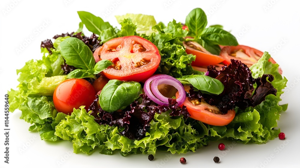 A fresh garden salad with cherry tomatoes, lettuce, and bell peppers is artistically scattered on a white background, highlighting vibrant colors and organic vegetables in clean styling. A fresh garden salad with cherry tomatoes, lettuce, and bell peppers is artistically scattered on a white background, highlighting vibrant colors and organic vegetables in clean styling.