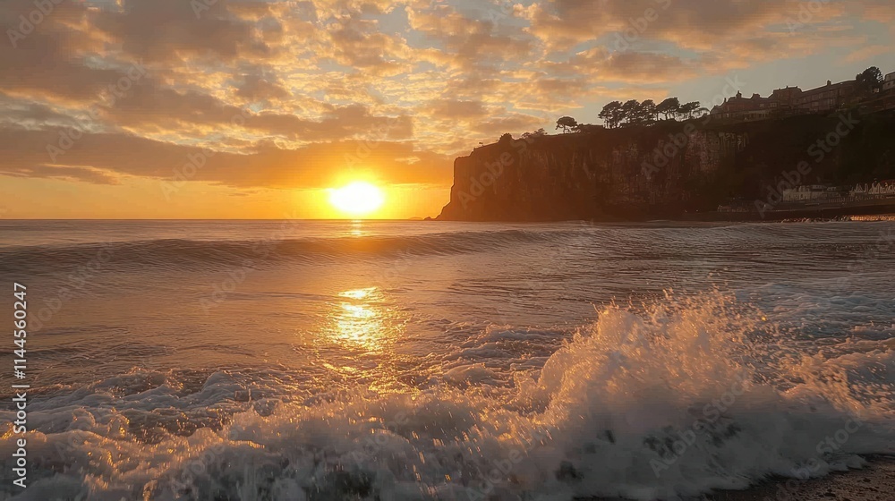 Obraz premium Sunset over the ocean with waves crashing on the shore.