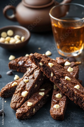 Delicious chocolate biscotti with hazelnuts served alongside a warm cup of te...