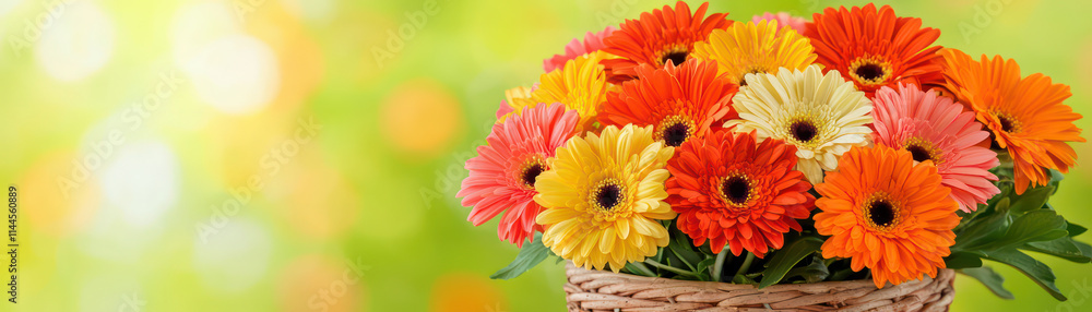 Bright and colorful bouquet of gerbera daisies in woven basket, showcasing vibrant orange, yellow, and pink flowers against soft green background Bright and colorful bouquet of gerbera daisies in woven basket, showcasing vibrant orange, yellow, and pink flowers against soft green background