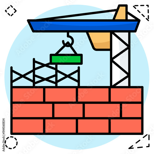 Unique design icon of tower crane with bricks, wall construction