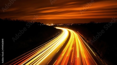 A long exposure shot of a highway at night, showcasing light trails from moving vehicles.