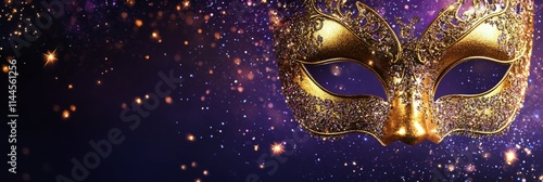 Vibrant golden masquerade mask on a sparkling purple background with twinklin...