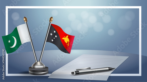 Pakistan and Papua New Guinea National flags on small table with bokeh background, cooperative relationship