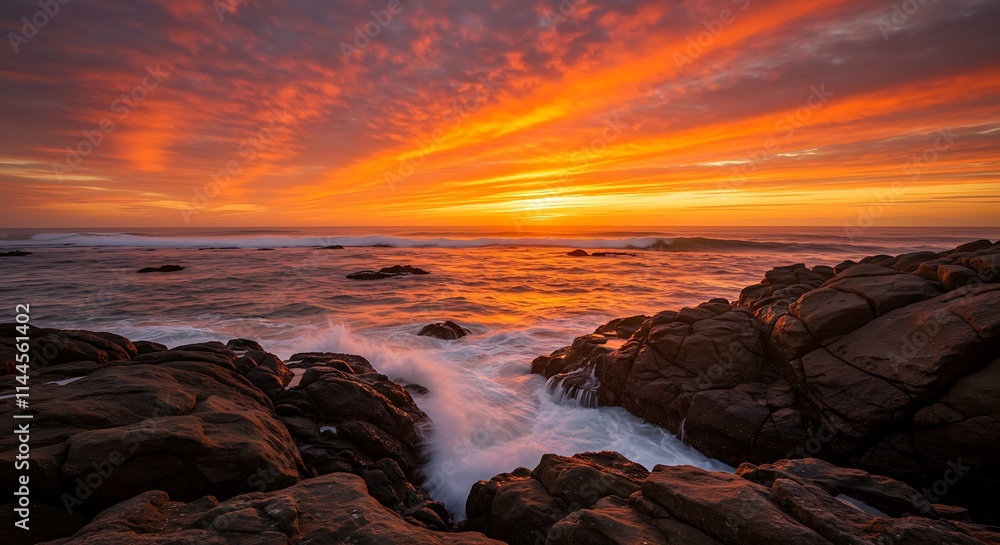 A rocky coastline with waves crashing against the cliffs under a vibrant orange sunset A rocky coastline with waves crashing against the cliffs under a vibrant orange sunset