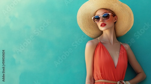 Close up A stylish woman walking on the street, enjoying her vacation. She is wearing a summer dress, straw hat, sunglasses and bag, her appearance is fashionable. Ai generated image