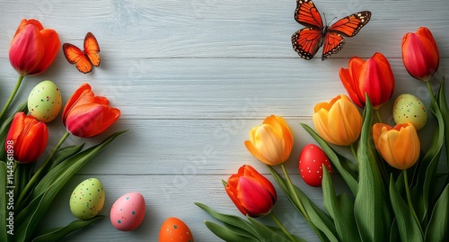 Colorful Easter eggs and vibrant tulips accompany a butterfly on a blue woode...