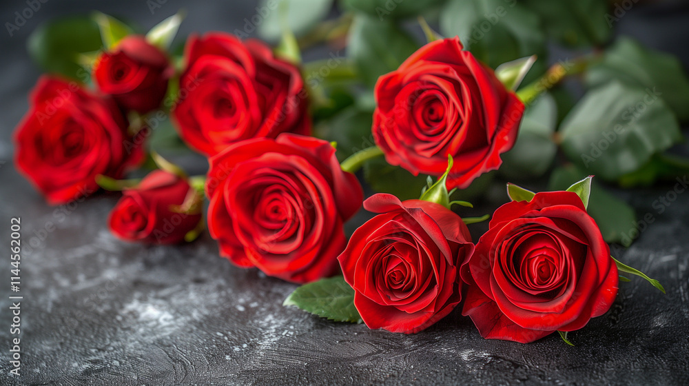  Vibrant Red Roses Arranged on a Dark Textured Surface