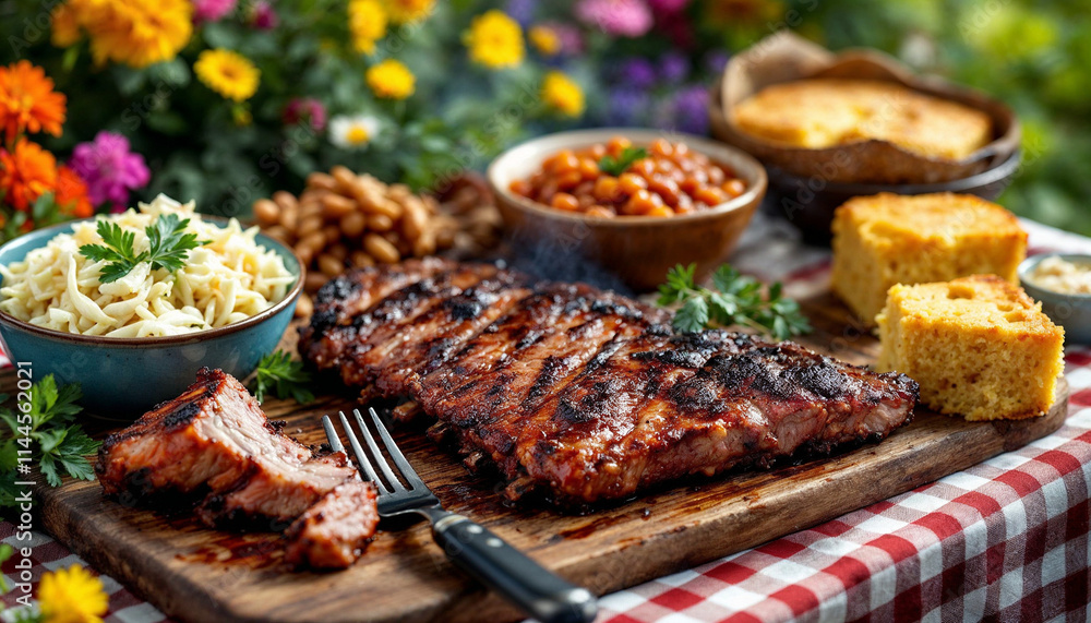 Barbecue Ribs with Southern Sides on a Picnic Table Barbecue Ribs with Southern Sides on a Picnic Table
