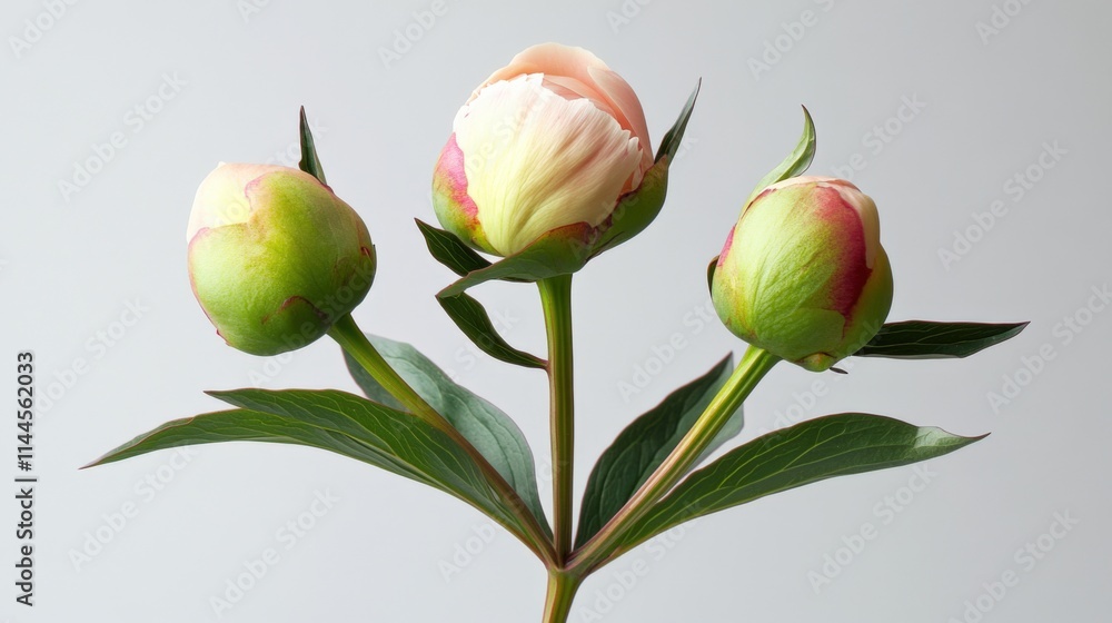 Three peony buds on a stem against a white background Three peony buds on a stem against a white background