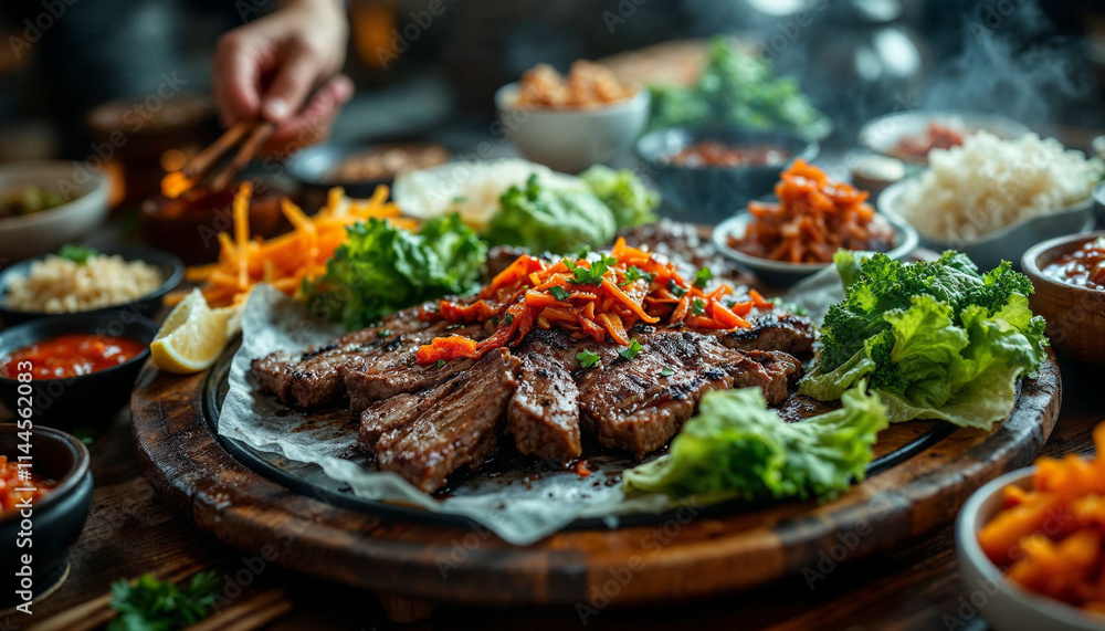 Korean BBQ Platter with Grilled Beef and Sides Korean BBQ Platter with Grilled Beef and Sides