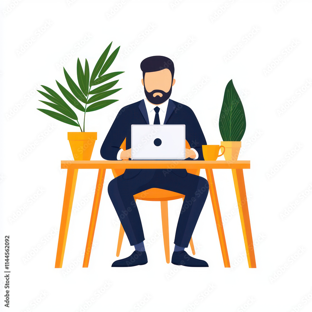 professional man working on laptop at desk with plants professional man working on laptop at desk with plants