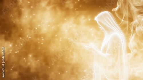 Golden glowing angelic figure surrounded by warm light particles in an abstract heavenly concept. Ideal for themes of spirituality, serenity, and divine inspiration.