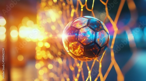Soccer ball entering the goal net with colorful background during an exciting...