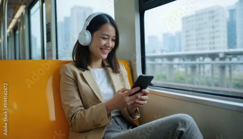 A young Asian woman with medium skin tone, wearing headphones and a beige blazer, smiles while using a smartphone on a train.