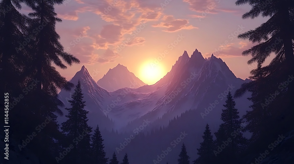 A picturesque alpine mountain landscape at sunset, with towering pine trees framing the view of the sun setting behind jagged mountain peaks A picturesque alpine mountain landscape at sunset, with towering pine trees framing the view of the sun setting behind jagged mountain peaks
