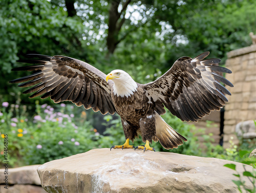 A majestic eagle spreads its wings atop a rocky perch in a lush green forest. The sunlight accents its feathers, evoking freedom and power in its natural habitat. photo