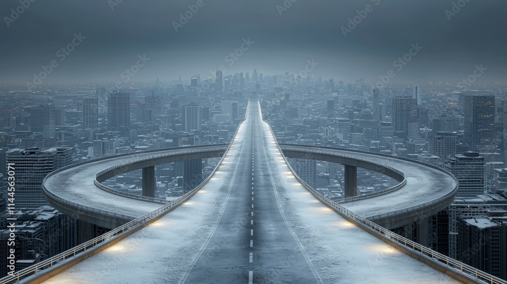 Fototapeta premium Futuristic City Highway Snowy Road Elevated Road Winter Cityscape Cinematic View