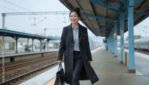 Wallpaper Mural A smiling Asian woman in a black coat and holding a bag walks on a train station platform. Torontodigital.ca