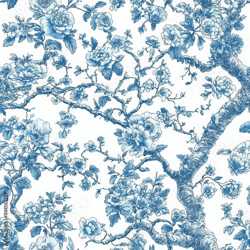 hyper realistic photo of  Spring and summer flowers with herbs on white background as toile de jouy seamless repeating pattern