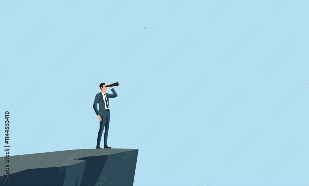 Businessman standing on a cliff using a telescope, symbolizing vision, leadership, opportunity, and future planning. Ideal for corporate, success, and goal-oriented themes Businessman standing on a cliff using a telescope, symbolizing vision, leadership, opportunity, and future planning. Ideal for corporate, success, and goal-oriented themes