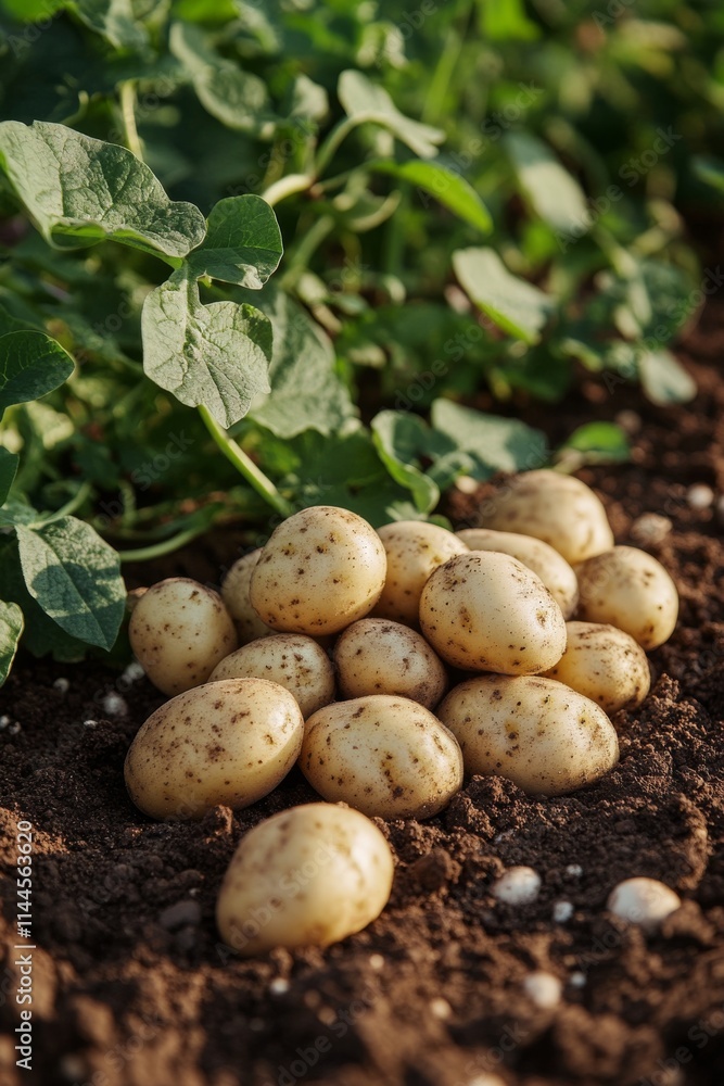 Freshly harvested potatoes resting on rich soil in an agricultural field surrounded by lush green plants during Freshly harvested potatoes resting on rich soil in an agricultural field surrounded by lush green plants during