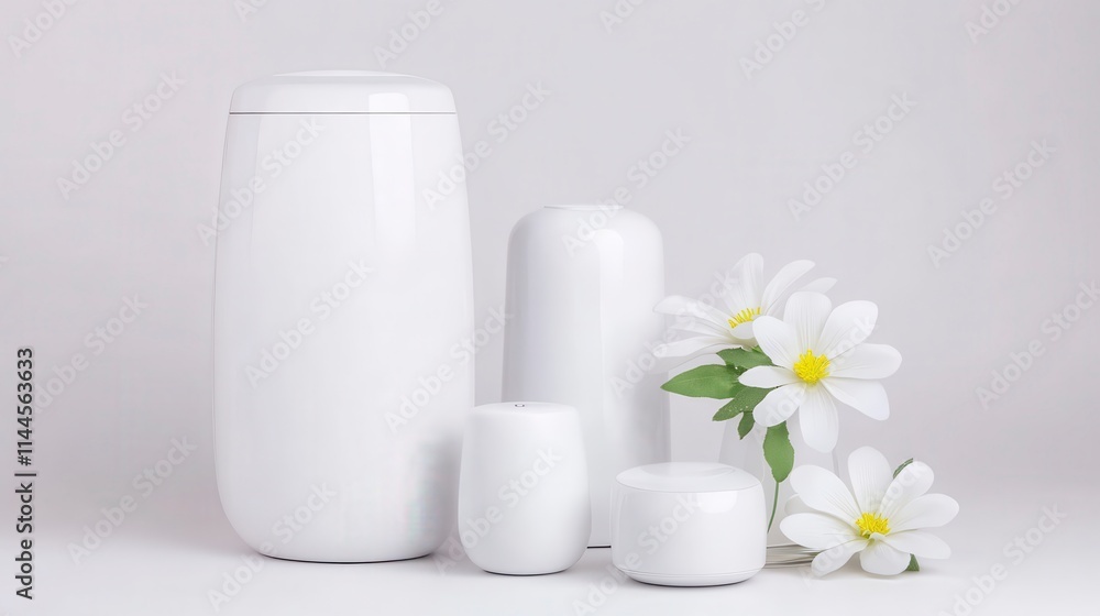 A minimalist arrangement of white ceramic vases beside fresh flowers, creating a serene and elegant aesthetic. A minimalist arrangement of white ceramic vases beside fresh flowers, creating a serene and elegant aesthetic.