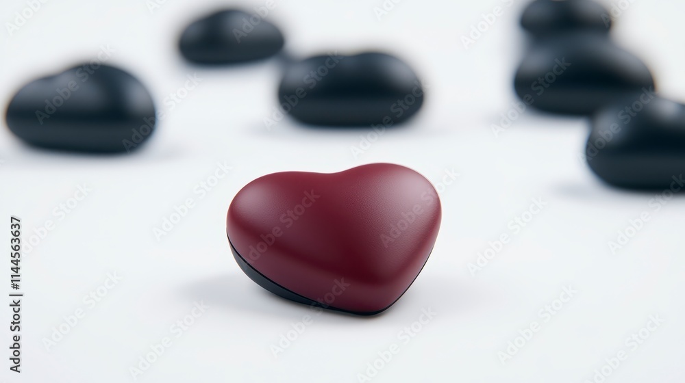 A glossy red heart stands out among several black stones, symbolizing love and passion. A glossy red heart stands out among several black stones, symbolizing love and passion.