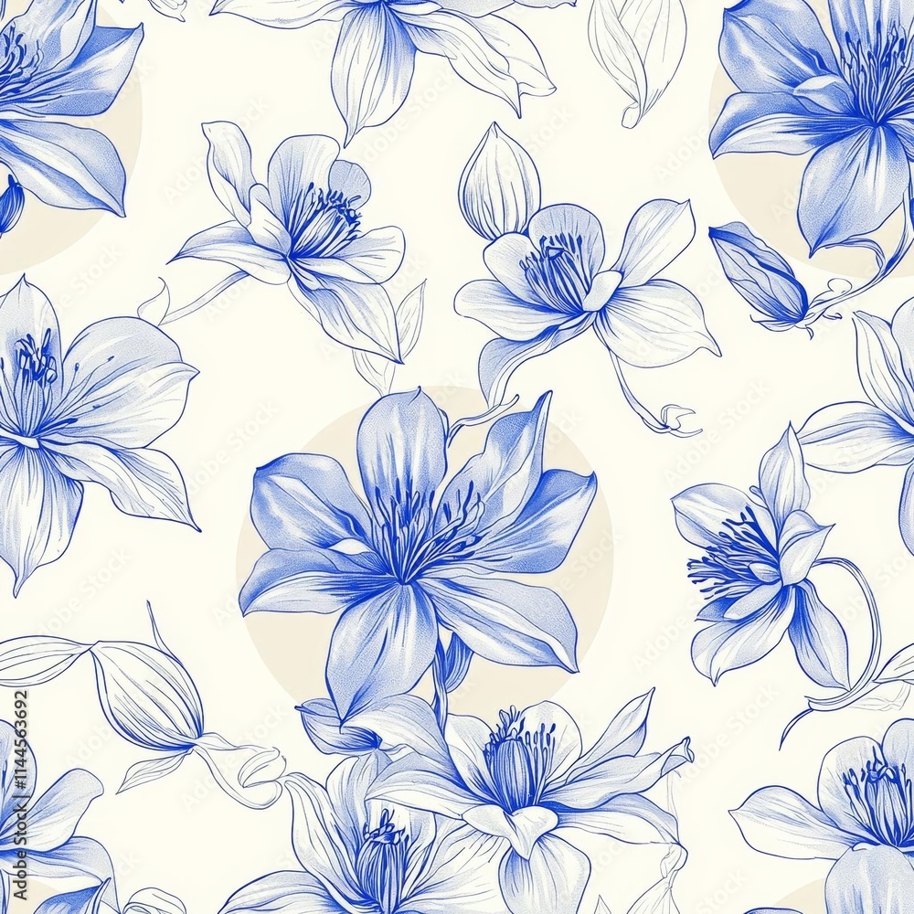 hyper realistic photo of Toile art round ornament Floral vector vintage seamless pattern flowers of Clematis blue on a beige hyper realistic photo of Toile art round ornament Floral vector vintage seamless pattern flowers of Clematis blue on a beige