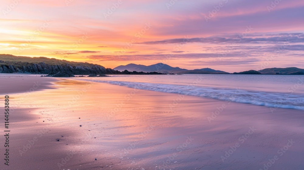 Fototapeta premium A serene beach at dawn, with soft waves gently lapping at the shore and a glowing pink and orange sky