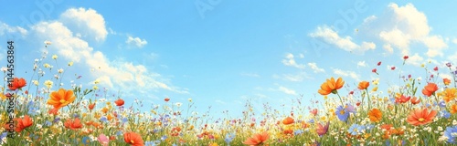 Colorful wildflower field under clear blue sky on a sunny day, showcasing vib...