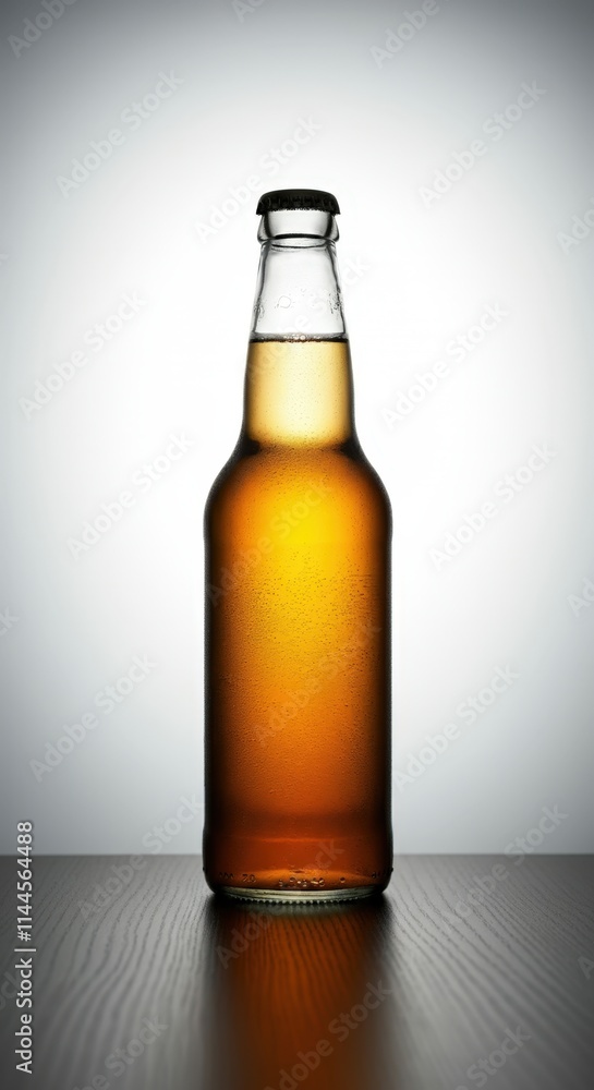 Bottle mockup. Glass bottle of golden beer on a wooden table Bottle mockup. Glass bottle of golden beer on a wooden table