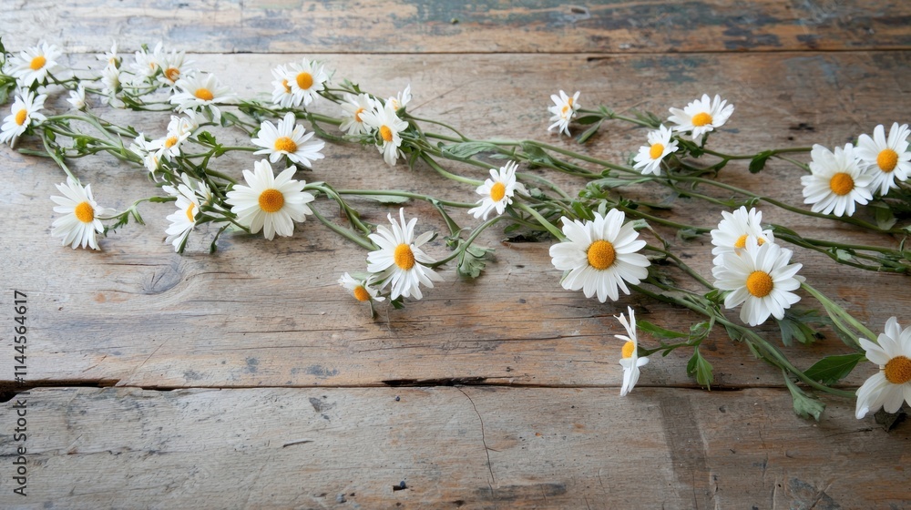 A close-up of a daisy chain placed on a wooden table, with petals and green stems intertwined