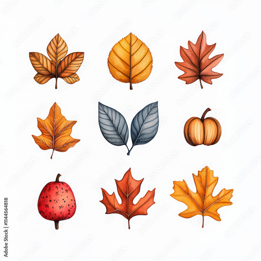 Obraz premium Beautiful autumn leaves and pumpkin in watercolor style . Perfect for seasonal decor and nature lovers