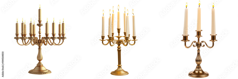 Set of A finely crafted gold three-arm candle holder with intricate detais on transparent png background Set of A finely crafted gold three-arm candle holder with intricate detais on transparent png background