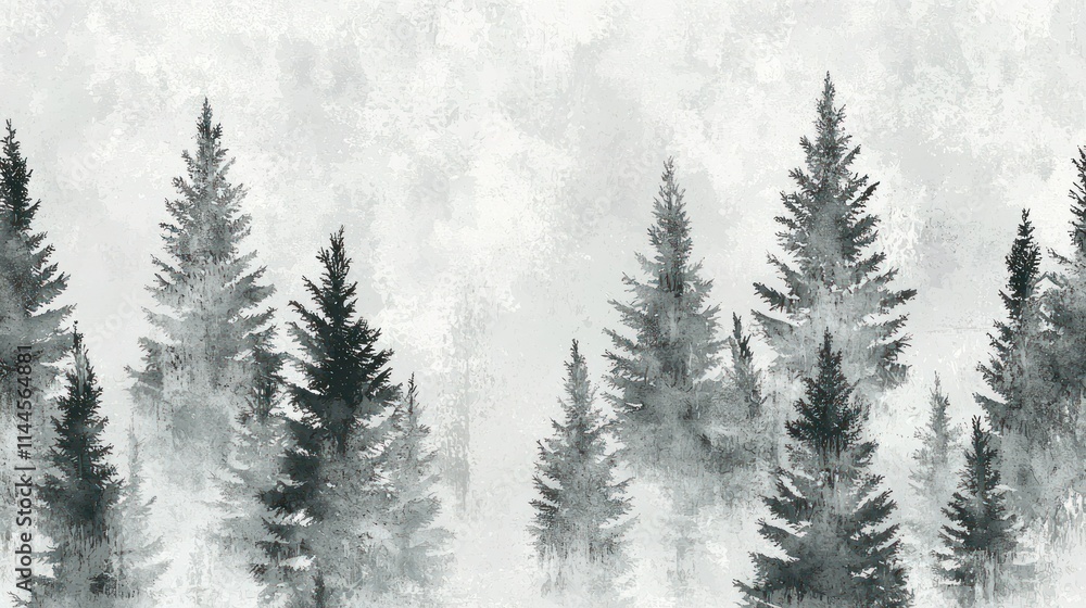Misty forest landscape with tall evergreen trees. Misty forest landscape with tall evergreen trees.