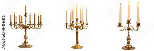 Set of A finely crafted gold three-arm candle holder with intricate detais on transparent png background