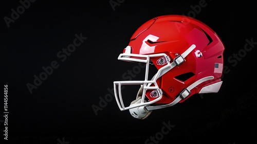 Red football helmet, profile view, black background. photo