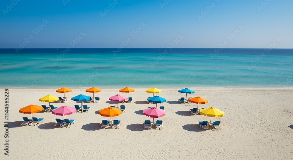 A tropical beach with colorful umbrellas and sun loungers under a bright blue sky A tropical beach with colorful umbrellas and sun loungers under a bright blue sky