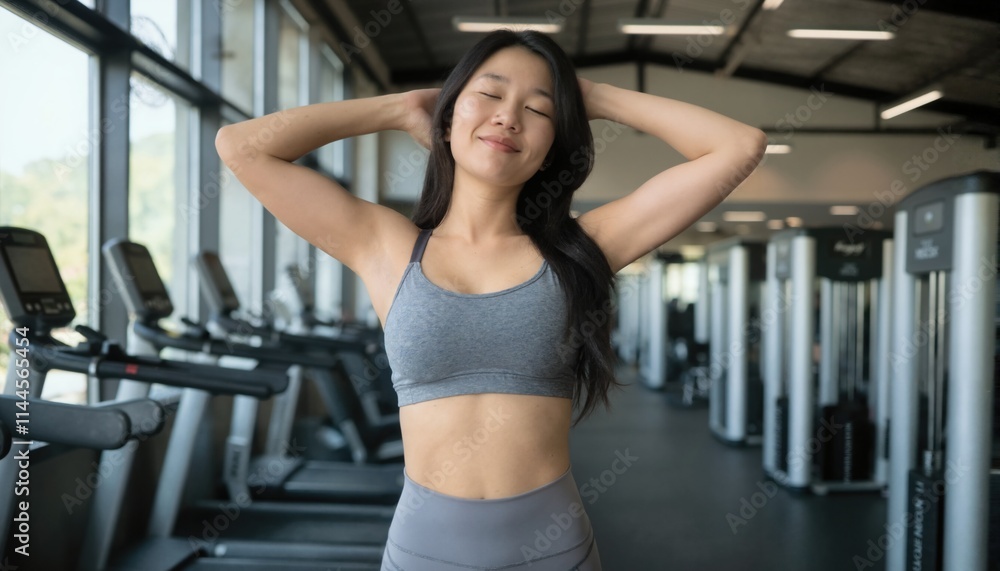 A fit Asian woman in a gray sports bra and leggings stretches in a modern gym with large windows. A fit Asian woman in a gray sports bra and leggings stretches in a modern gym with large windows.