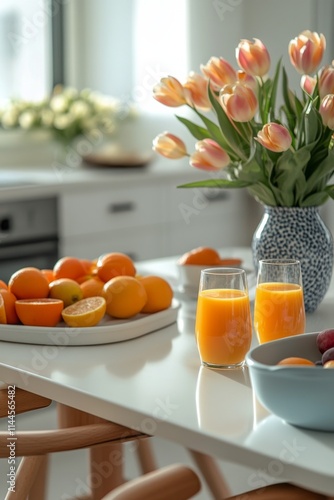 Bright morning brunch featuring fresh fruit and flowers in a cozy dining spac...
