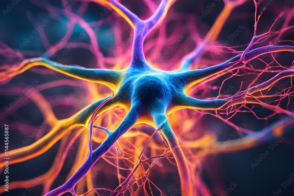 Close-up of a neuron and synapse with glowing neural connections and electrical impulses. Detailed structure with vibrant colors highlighting brain communication. Close-up of a neuron and synapse with glowing neural connections and electrical impulses. Detailed structure with vibrant colors highlighting brain communication.
