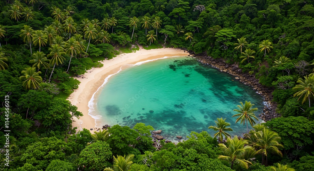 Obraz premium A secluded cove surrounded by lush greenery, with emerald green water and soft sand