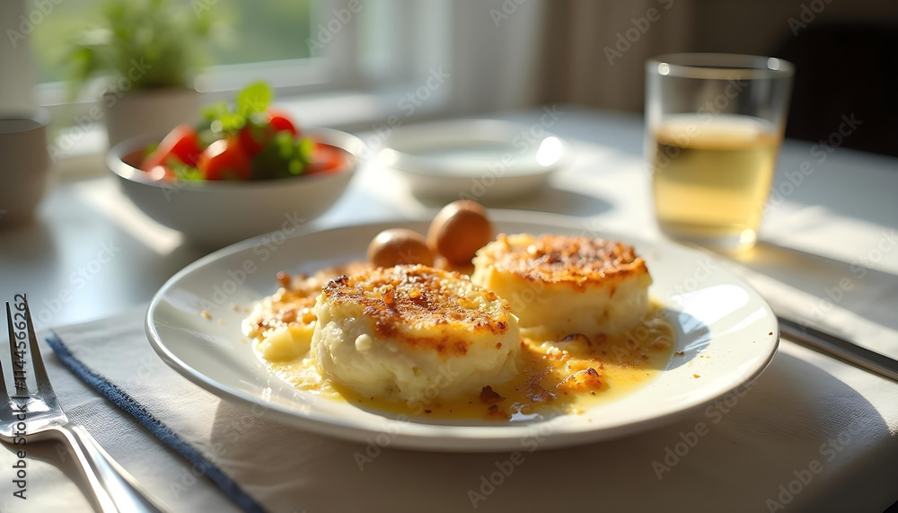 Janssons frestelse casserole with potatoes, onions, cream, and anchovies in a rustic setting Janssons frestelse casserole with potatoes, onions, cream, and anchovies in a rustic setting