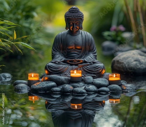 Tranquil stone Buddha surrounded by floating candles and lush greenery in a s...